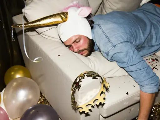 Mężczyzna w stroju jednorożca śpi na kanapie po imprezie. Balony i konfetti sugerują, że to może być sposób na to, jak pozbyć się kaca.