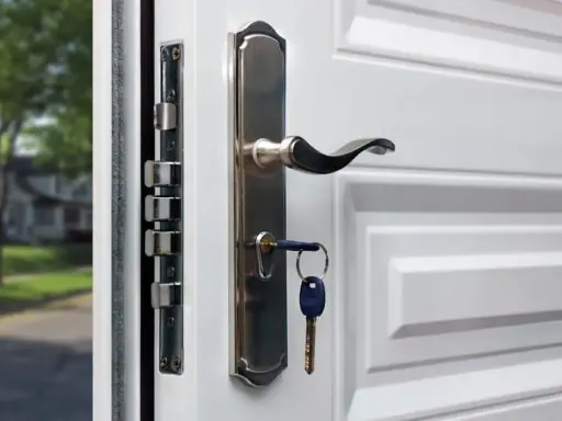 Detalle de varios tipos de cerraduras de seguridad en una puerta blanca, con una llave puesta.