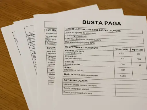 Buste paga in Italia: dettagli su competenze, trattenute e netto in busta. Le tasse sullo stipendio sono ben visibili.