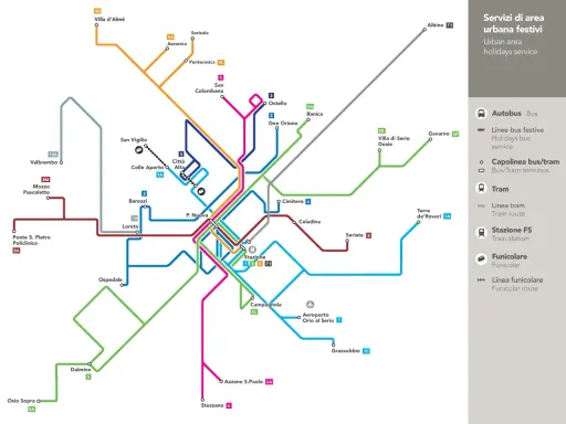 Mapa komunikacji miejskiej z zaznaczonym lotnisko Mediolan Bergamo, liniami autobusowymi, tramwajowymi i kolejowymi.