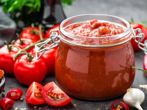 Słoik przecieru pomidorowego, świeże pomidory, czosnek i papryczki chili. Pasteryzacja przecieru pomidorowego w piekarniku to świetny sposób na jego przechowywanie.