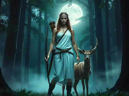 Artemis, die Göttin der Jagd, steht mit Bogen und Pfeilen im Mondlicht im Wald, ein Hirsch an ihrer Seite.
