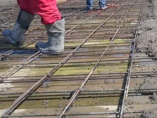 Pracownicy w gumowcach stąpają po siatce zbrojeniowej, przygotowując zbrojenie stropu do zalania betonem.
