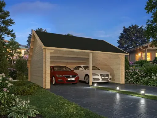 Un garage en bois abrite deux voitures. Le prix de construction de ce garage est abordable.