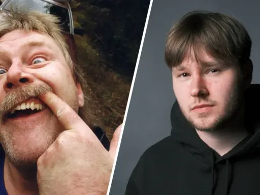 Två bilder sida vid sida: en man med mustasch som petar sig i näsan, och en ung man i hoodie. Kanske Eddie Meduzas son?
