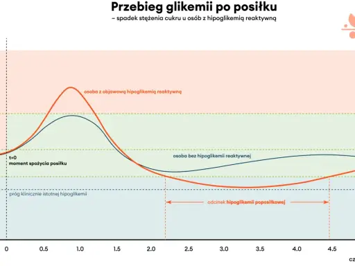 Wykres pokazuje przebieg glikemii po posiłku. Osoba z hipoglikemią reaktywną doświadcza spadku cukru, co może być sygnałem do detoksu od cukru.