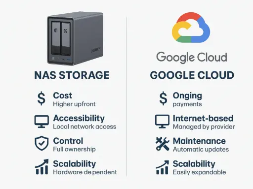 Comparaison entre le stockage NAS et Google Cloud. Le NAS offre un stockage ordinateur local, avec un coût initial élevé mais un contrôle total.