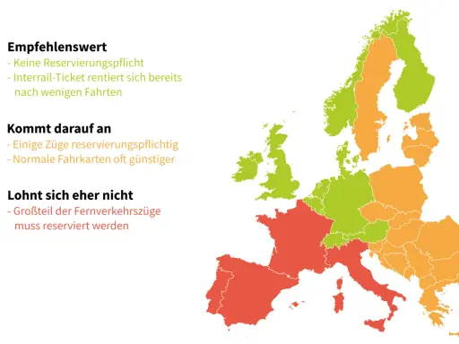 Europakarte zeigt, wo sich eine Europareise mit dem Zug lohnt. Grün: Empfehlenswert, keine Reservierung. Orange: Kommt darauf an. Rot: Eher nicht, viele Reservierungen nötig.