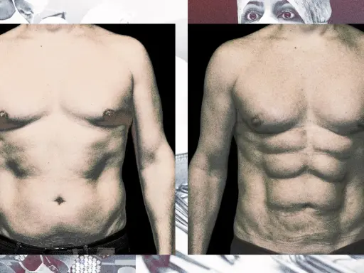 Vorher-Nachher-Vergleich: Bauchmuskeltraining bis man was sieht. Links ein weicher Bauch, rechts ein definierter Sixpack.