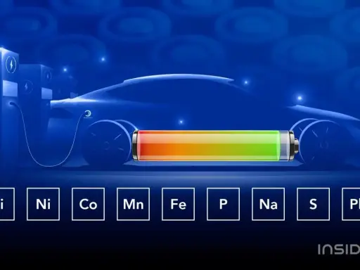 Auto elettrica in ricarica, con una barra di stato della batteria colorata e simboli chimici che indicano i componenti delle litio batterie.