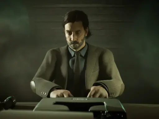 Alan Wake pisze na maszynie, otoczony mroczną mgłą.