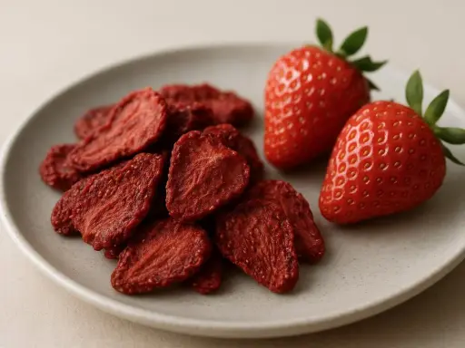 Assiette de fraises séchées et de fraises fraîches. Avis sur les fraisiers en gouttières.