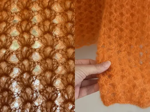 Delikatna, pomarańczowa moher włóczka w ażurowym splocie. Miękkość i lekkość materiału.