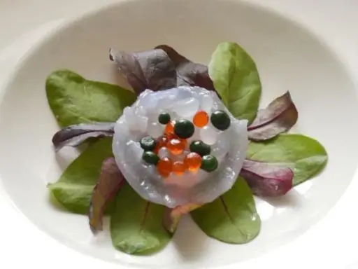 Piatto elegante con meduse commestibili trasparenti, guarnite con sfere arancioni e verdi, su un letto di foglie verdi e rosse.
