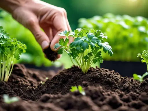 Main d'un jardinier ajoutant de la terre autour d'un jeune plant de persil, prêt à planter du persil en pleine terre.