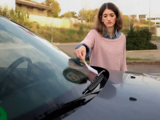Mujer saca papel del parabrisas, preocupada por como saber si me han multado.