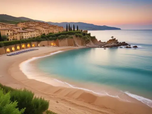 En idyllisk strand med turkost vatten och en stad i toscansk stil. En dröm om badorter i Toscana.