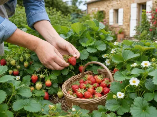 Mains cueillant des fraises mûres dans un champ. Un panier en osier est rempli de fruits rouges, prêt pour la récolte d'un fraisier remontant ou non remontant.