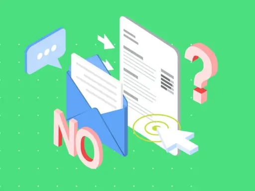 Grafika z kopertą, dokumentem, znakiem zapytania i napisem "NO".