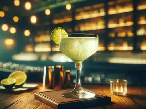 Orzeźwiający gimlet drink z plasterkiem limonki, podany w eleganckim kieliszku na tle rozmytego baru.