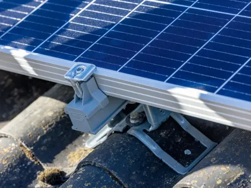 Detaljbild av ett solpanel som monteras på ett tak med ett robust esdec montagesystem.