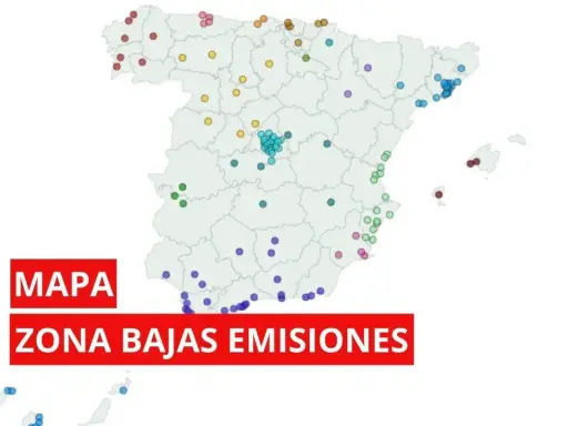 Mapa de España con puntos de colores indicando zonas de bajas emisiones. Es obligatorio llevar la pegatina medioambiental.