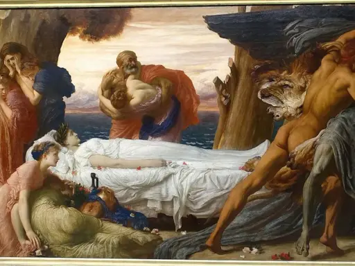 Tanatos, uosobienie śmierci, walczy z bogami o ciało zmarłej. Ludzie opłakują stratę.