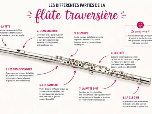 Vue détaillée d'un instrument bois, la flûte traversière, avec ses différentes parties étiquetées : tête, embouchure, corps, clés, trous sonores, tampons, patte d'Ut et clé d'Ut.
