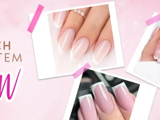 Elegancki, kolorowy french z efektem WOW. Dłonie z idealnym manicure, zdobione subtelnym brokatem.