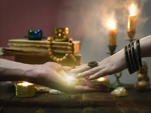 Wizyta u wróżki. Dłonie zbliżają się nad stołem, gdzie palą się świece. W tle stare księgi i tajemnicze przedmioty.