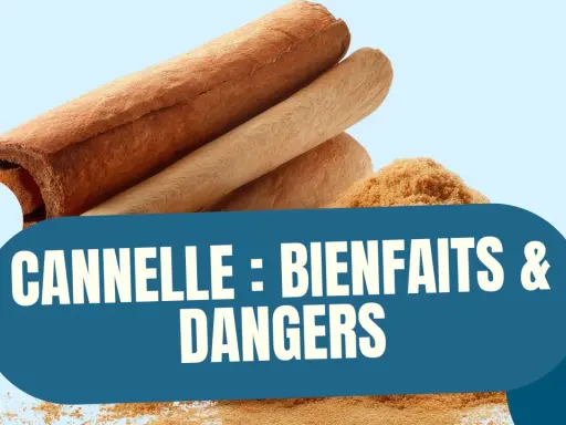 Bâtonnets et poudre de cannelle, avec le texte "Cannelle : bienfaits & dangers". Attention aux dangers de la cannelle.