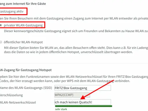 Konfiguration eines privaten WLAN-Gastzugangs. Nachteile: schwache Passwörter wie "ich mach keinen Quatsch!" sind unsicher.