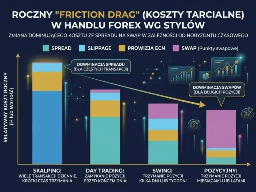 Wykres przedstawia analizę techniczną kosztów transakcyjnych w handlu Forex. Dominacja spreadu w skalpingu, a swapów w pozycjach długoterminowych.