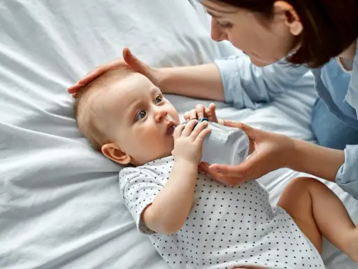Maluch szarpie się przy karmieniu butelką, ale mama cierpliwie go uspokaja.