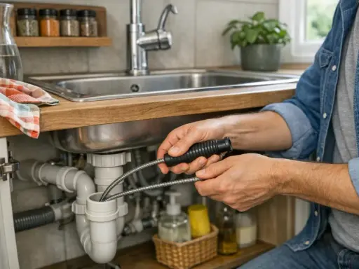 Un homme utilise un furet pour déboucher un évier de cuisine. Les canalisations sous l'évier sont visibles.