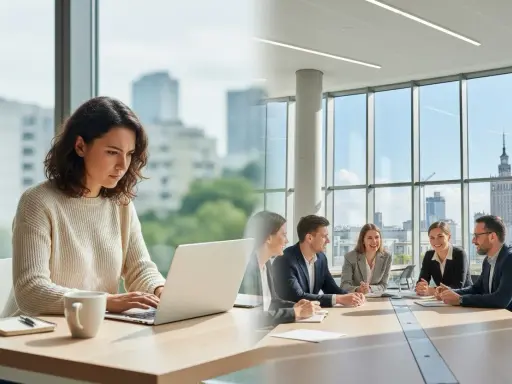 Kobieta pracuje na laptopie, w tle widok na miasto. Po drugiej stronie obrazu zespół ludzi na spotkaniu. To przyszłość studiów online Warszawa.
