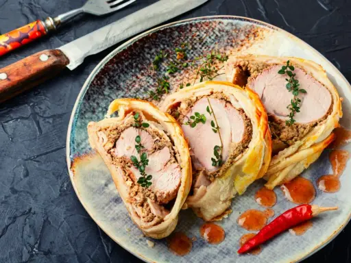 Pyszne danie z ciasta francuskiego z soczystym mięsem i farszem grzybowym, udekorowane gałązkami tymianku i papryczką chili.
