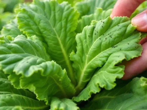 Puceron choux : une main examine une feuille verte infestée de petits insectes noirs. Un traitement naturel est peut-être nécessaire.