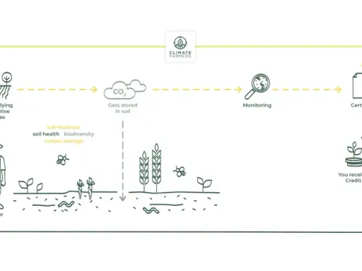 Diagram shows a farmer starting regenerative practices, leading to CO2 stored in soil. Monitoring, certification, and carbon credit revenue follow, illustrating farming carbon credits.