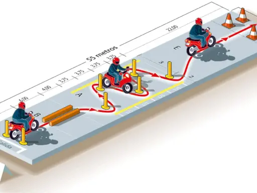 Diagrama de un circuito para obtener el carnet de moto, mostrando maniobras y distancias.