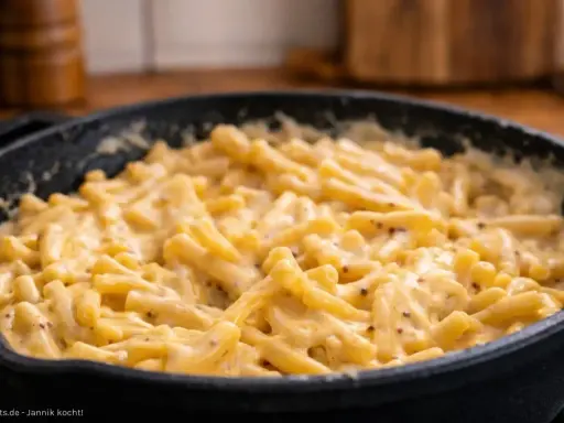Cremiges Mac & Cheese Rezept in einer Gusseisenpfanne, perfekt für einen gemütlichen Abend.