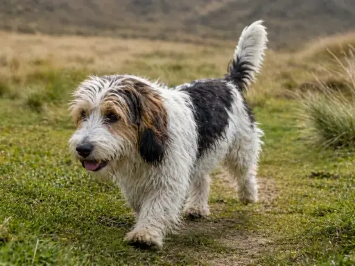 Un petit basset griffon vendéen, au pelage blanc et noir, trotte joyeusement sur un sentier herbeux.