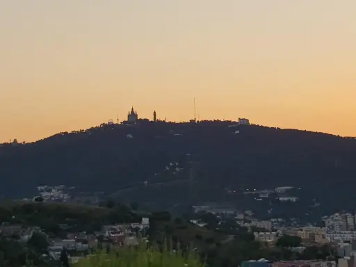 Silhouetten von Gebäuden auf einem bewaldeten barcelona berg im Abendlicht.