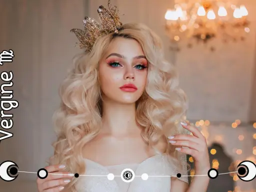 Królowa z koroną, blond włosami i makijażem oczu. Tekst "Vergine" i symbol Panny wskazują na ascendent w Pannie.
