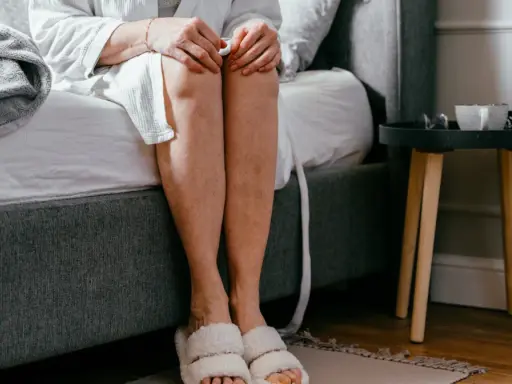 Kobieta w szlafroku i kapciach siedzi na łóżku, zastanawiając się nad domowymi sposobami na zbyt częste oddawanie moczu.