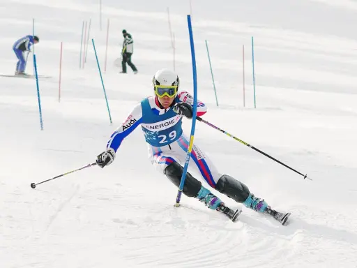 Narciarz w kombinezonie z numerem 29 wykonuje dynamiczny slalom na stoku, omijając tyczki.