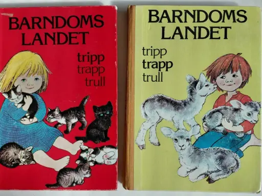 Two children's book covers: one red with a girl and kittens, one yellow with a girl and lambs.
