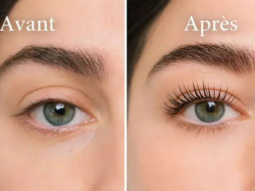 Avant/Après : regard transformé par un rehaussement de cils. Découvrez la durée de cette extension de cils naturelle.