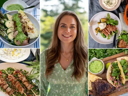 En kvinna ler i mitten, omgiven av bilder på utsökt mat. Allt ser ut att vara grillat till midsommar, med allt från köttspett till grönsaker och tacos.