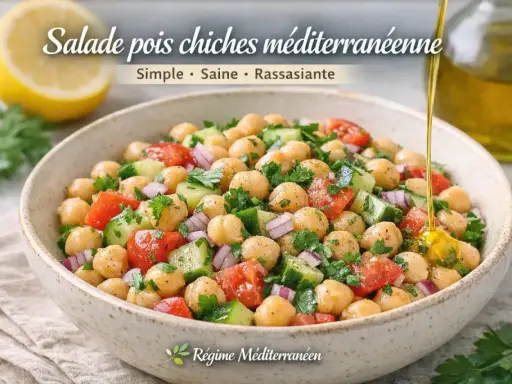 Salade méditerranéenne colorée avec pois chiches, tomates, concombre et oignon rouge, arrosée d'huile d'olive.
